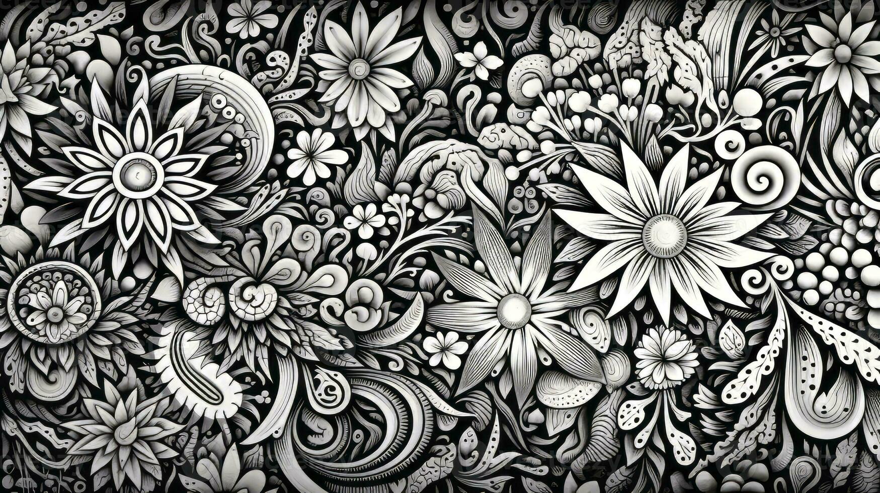 ai généré abstrait floral modèle dans noir et blanc couleurs. gothique esthétique photo