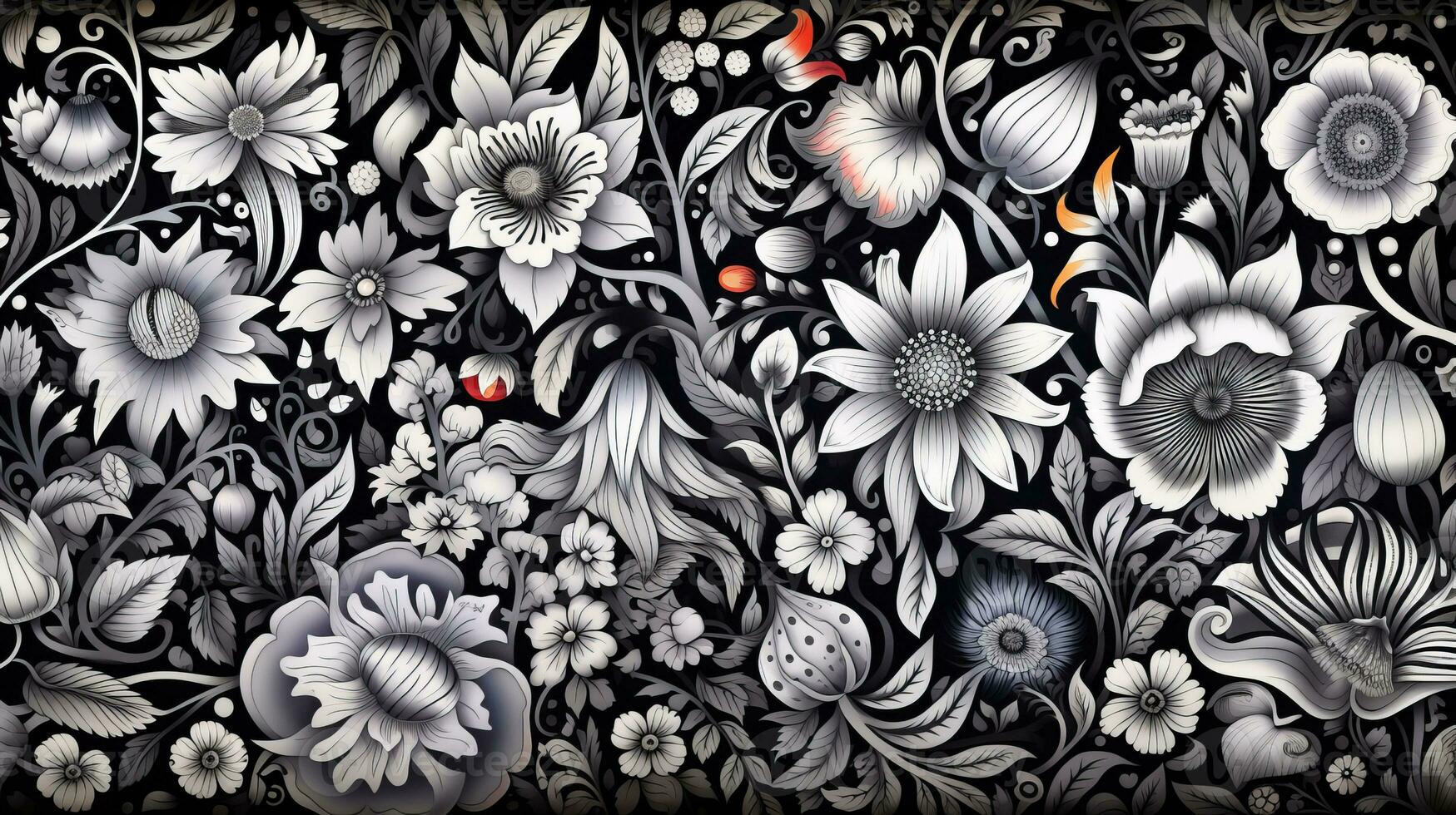 ai généré abstrait floral modèle dans noir et blanc couleurs. gothique esthétique photo
