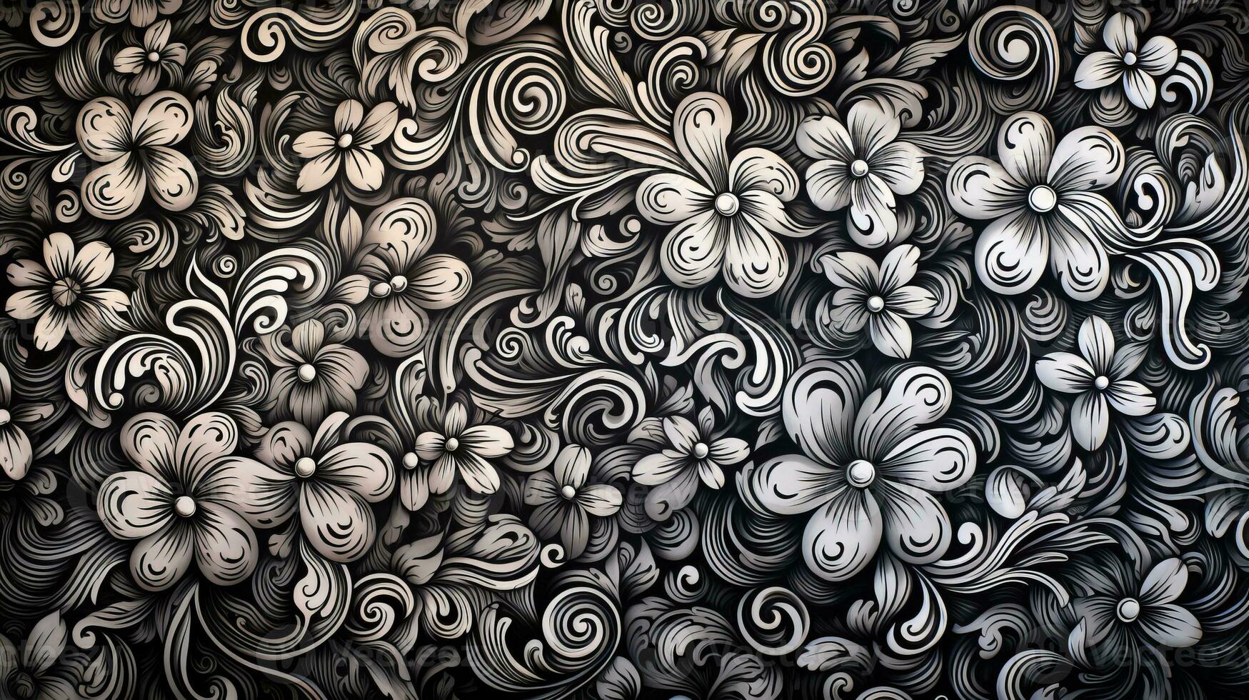 ai généré abstrait floral modèle dans noir et blanc couleurs photo