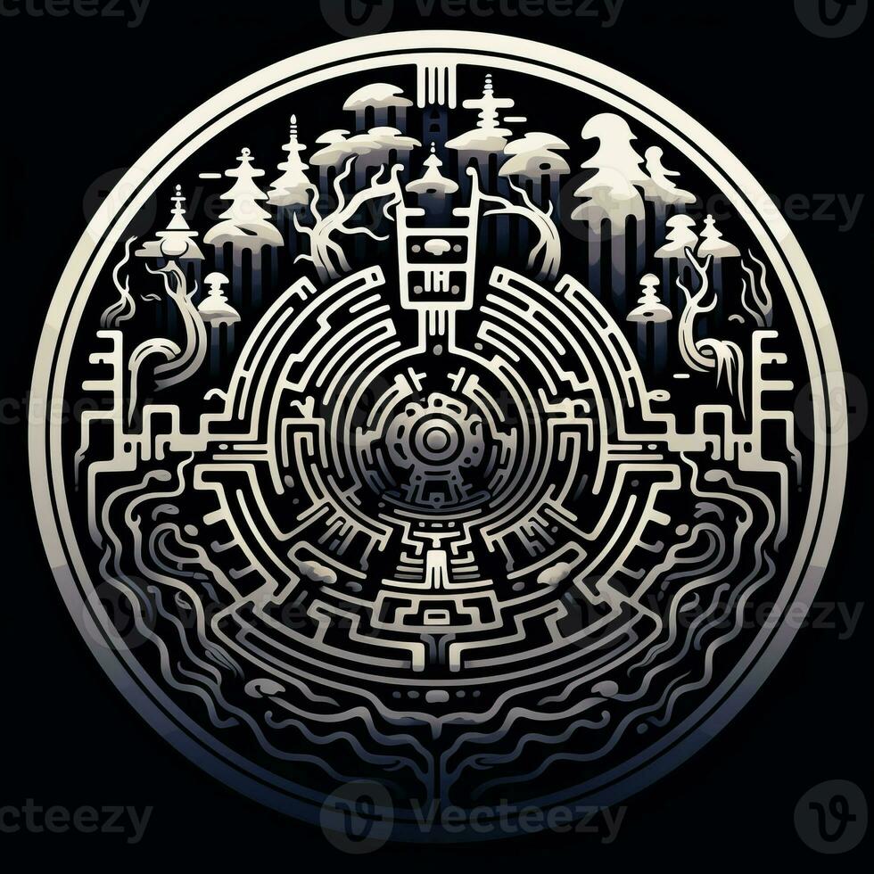 ai généré noir et blanc grunge géométrique tribal labyrinthe. surréaliste style. photo