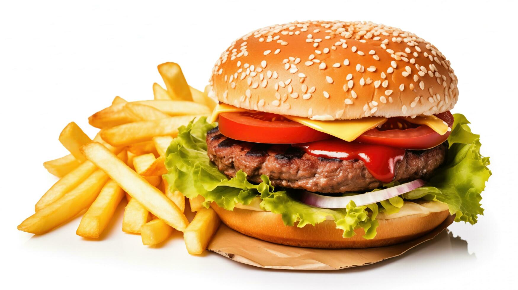 ai généré gros Célibataire cheeseburger avec français frites isolé sur blanc Contexte photo