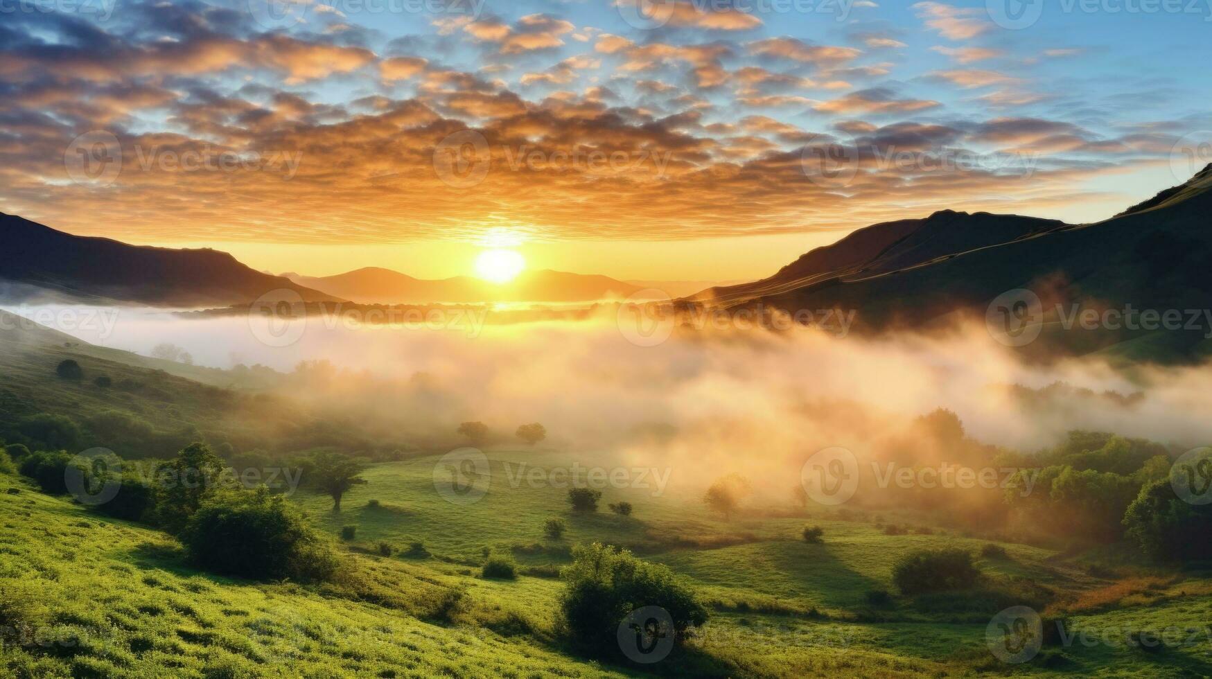 ai généré lever du soleil dans le brumeux Matin HD Contexte fond d'écran photo