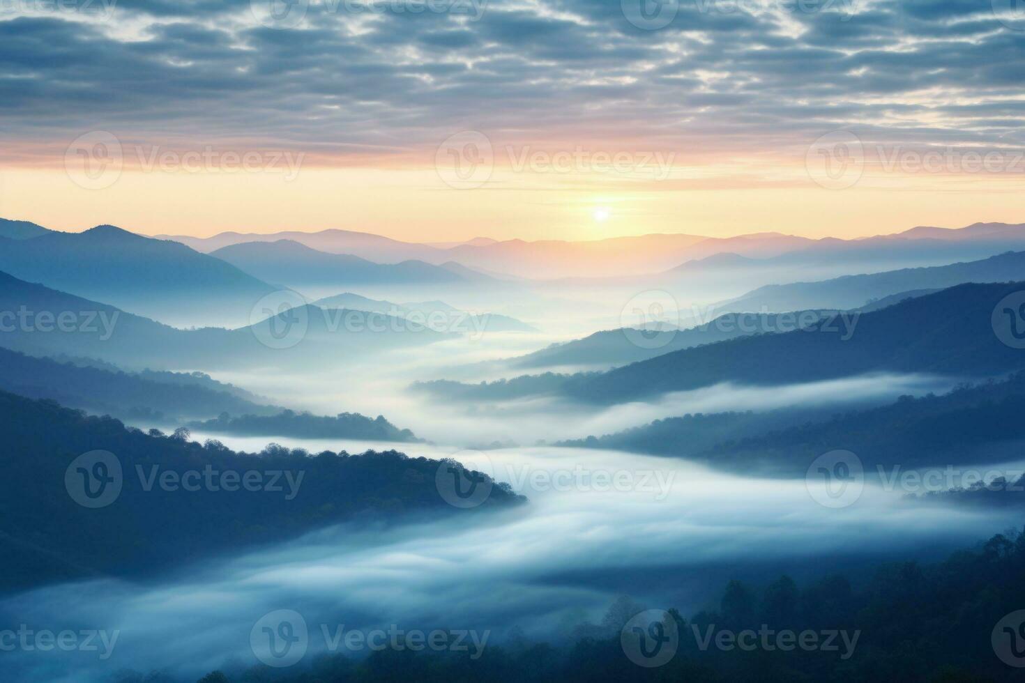 ai généré lever du soleil dans le brumeux Matin HD Contexte fond d'écran photo