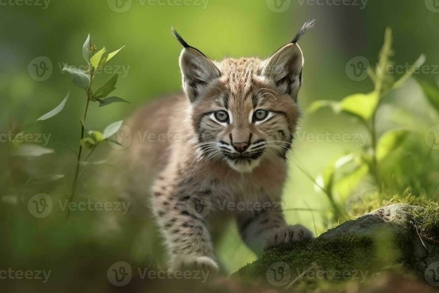 ai généré Lynx lionceau dans la nature sur été forêt Contexte. fermer animal portrait. ai généré photo