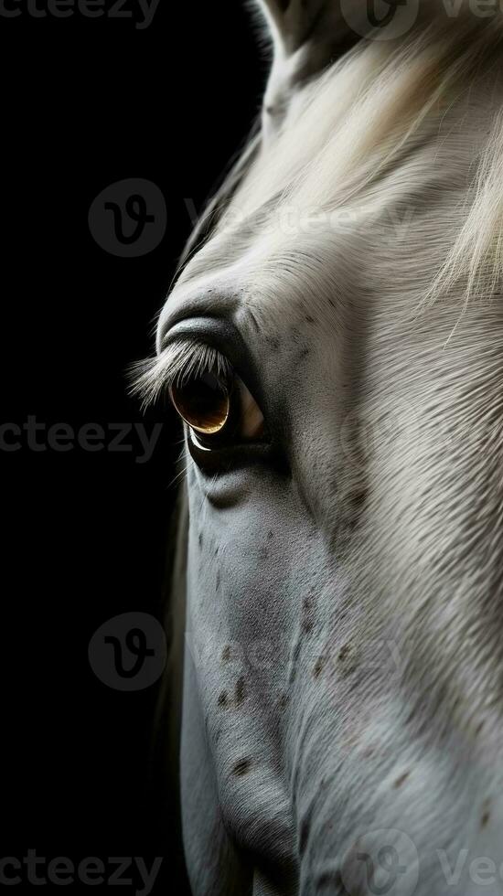 ai généré fermer blanc cheval œil, portrait de animal sur foncé Contexte. ai généré photo