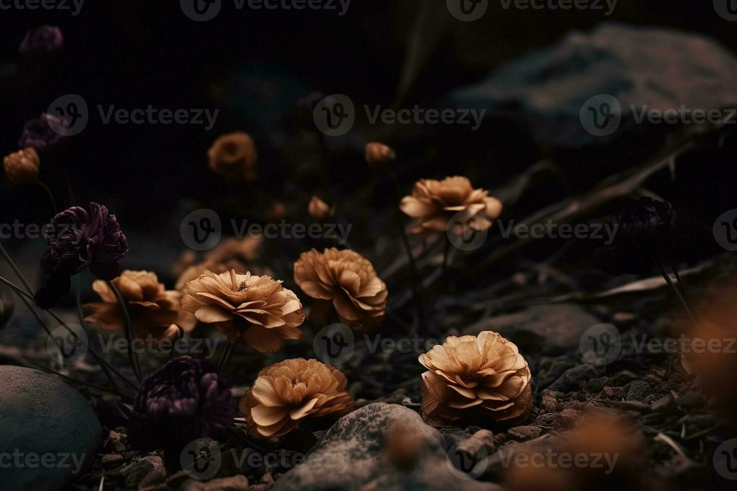 ai généré séché fleurs dans le forêt fermer. l'automne Contexte photo