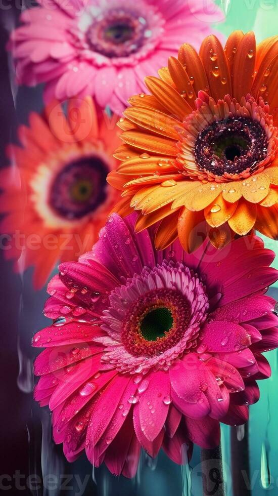 ai généré épanouissement gerbera fleurs avec gouttes de l'eau fermer Contexte. ai généré photo