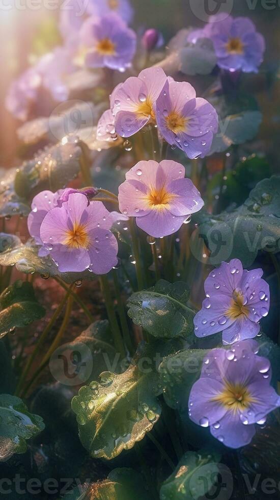 ai généré fermer primevère fleurs avec gouttes de l'eau Contexte. floral fond d'écran. ai généré photo