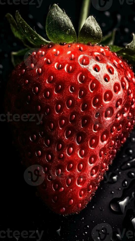 ai généré fermer de fraise avec l'eau gouttes sur foncé Contexte. fruit fond d'écran photo