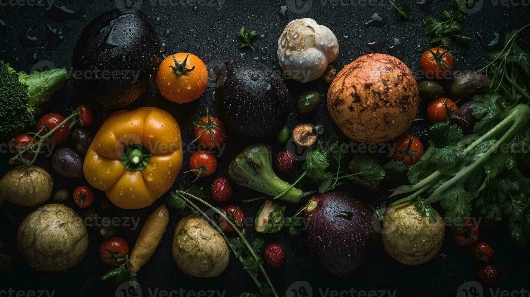 ai généré fermer de Frais des légumes avec l'eau gouttes sur foncé Contexte. en bonne santé nourriture concept photo