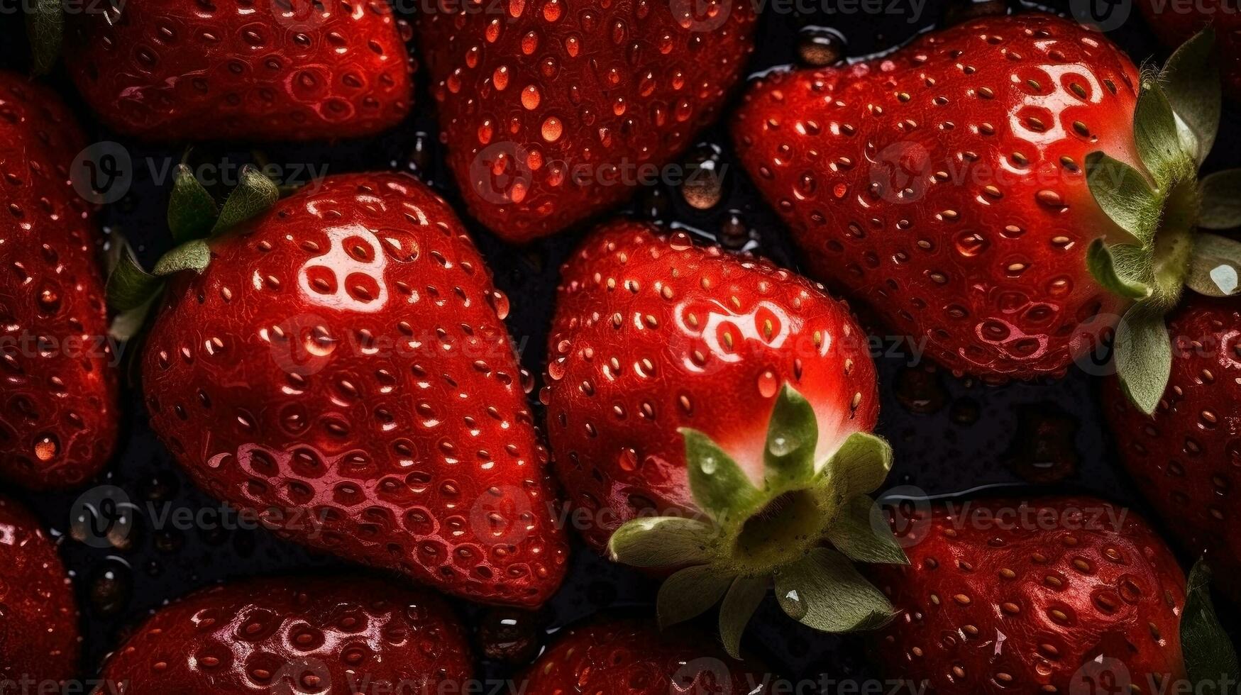 ai généré fermer de fraise avec l'eau gouttes sur foncé Contexte. fruit fond d'écran photo