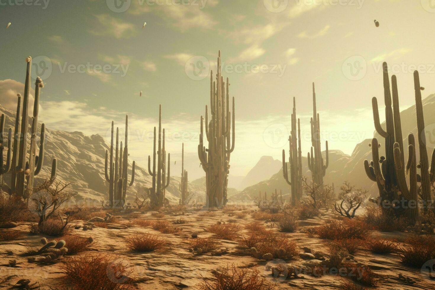 ai généré une surréaliste désert paysage avec saguaro cactus photo