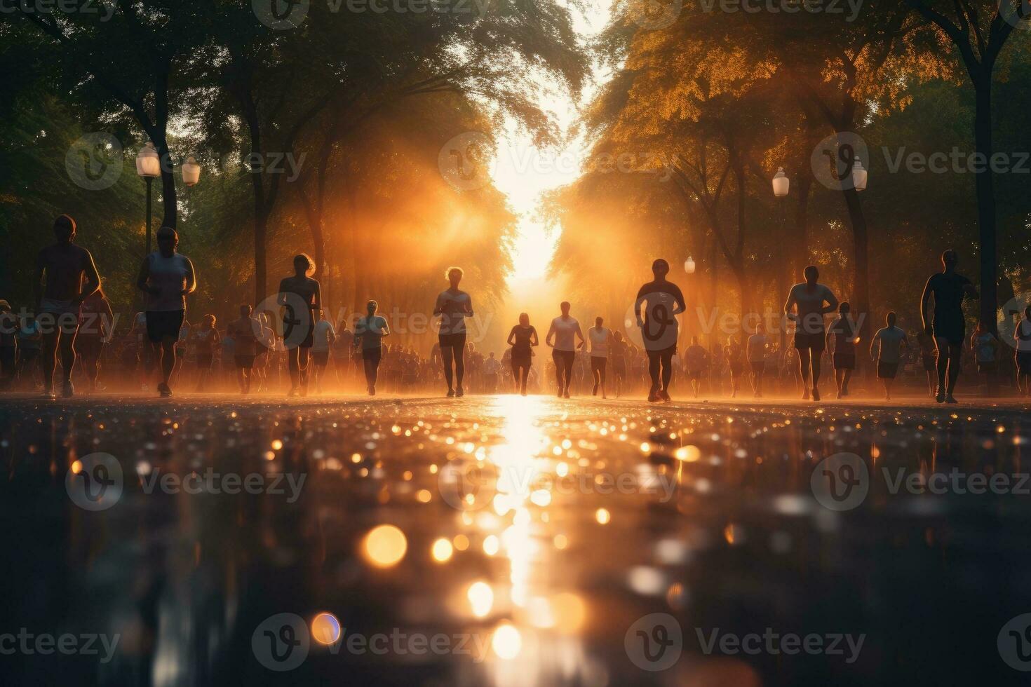 ai généré gens le jogging dans parc pendant coucher de soleil, mouvement se brouiller, génératif ai photo