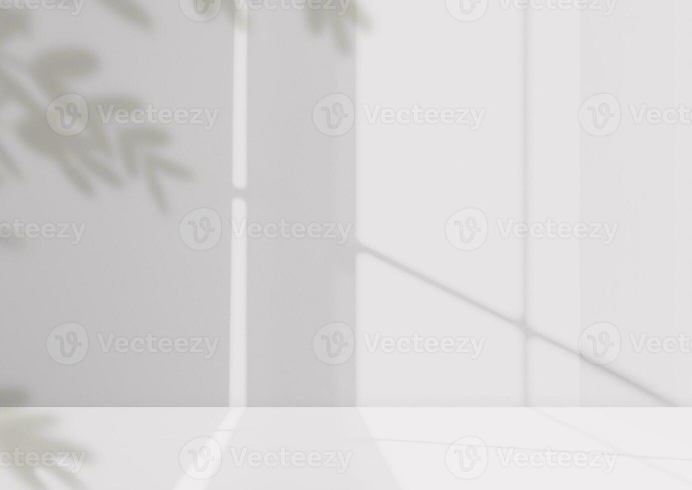 Contexte blanc mur studio avec ombre feuilles,lumière.vide béton cuisine pièce avec podium afficher de Haut étagère barre, toile de fond ciment mur avec fenêtre réflexion sur surface texture photo