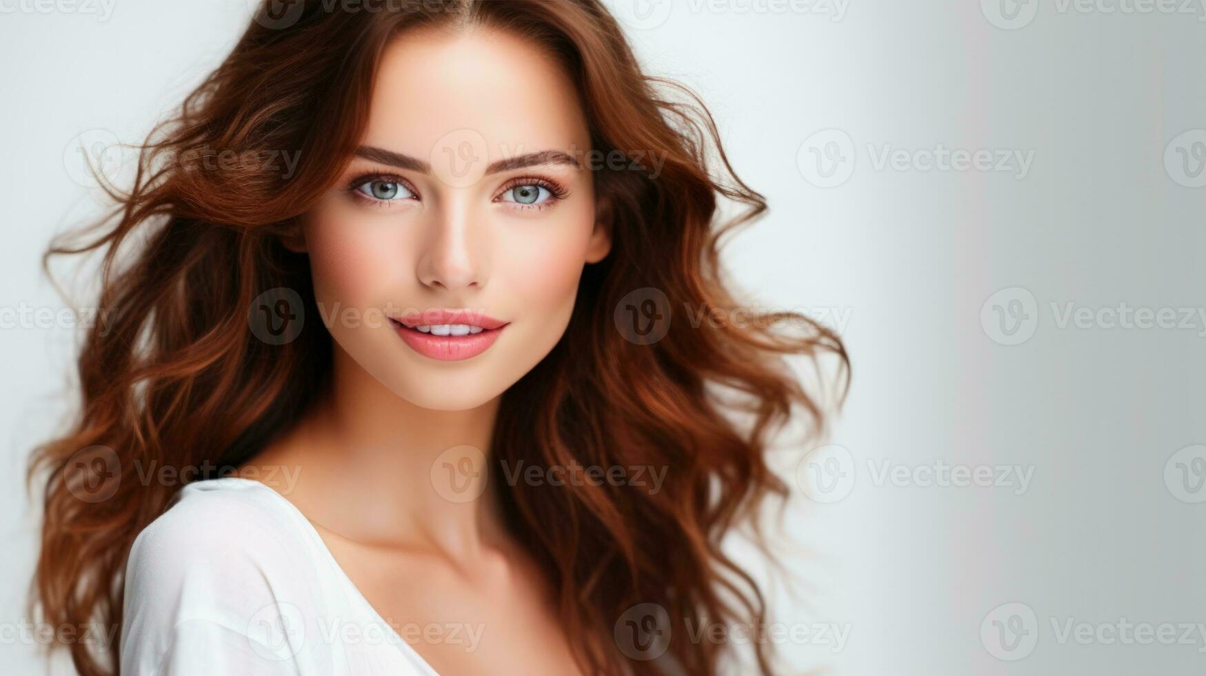 ai généré ai génératif illustration de une brunette beauté modèle contre blanc Contexte photo