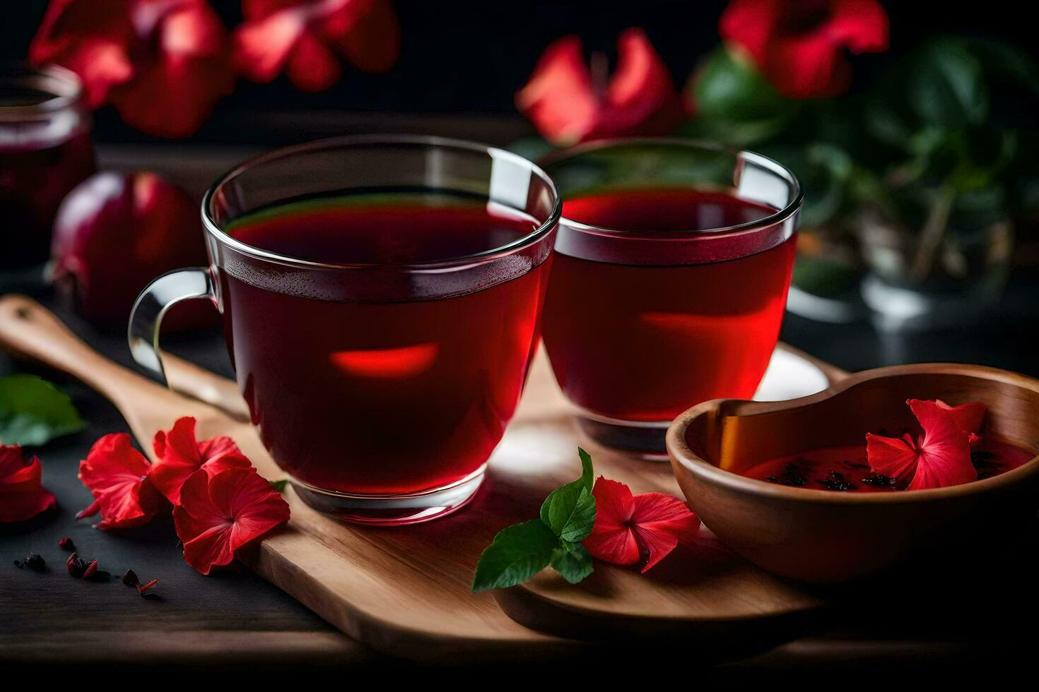 ai généré deux tasses de thé avec rouge fleurs sur une en bois table photo