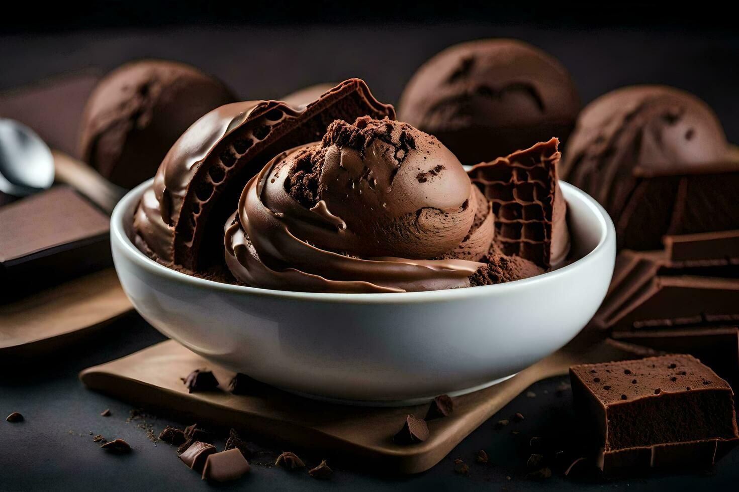 ai généré Chocolat la glace crème dans une bol avec Chocolat pièces photo