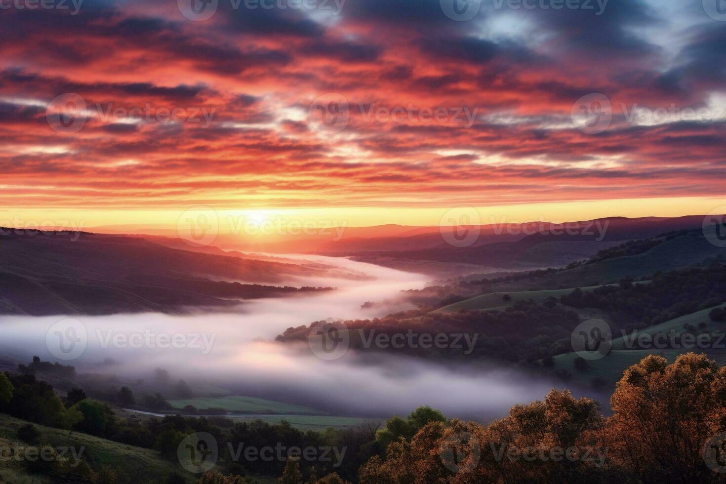 ai généré lever du soleil dans le brumeux Matin HD Contexte fond d'écran photo