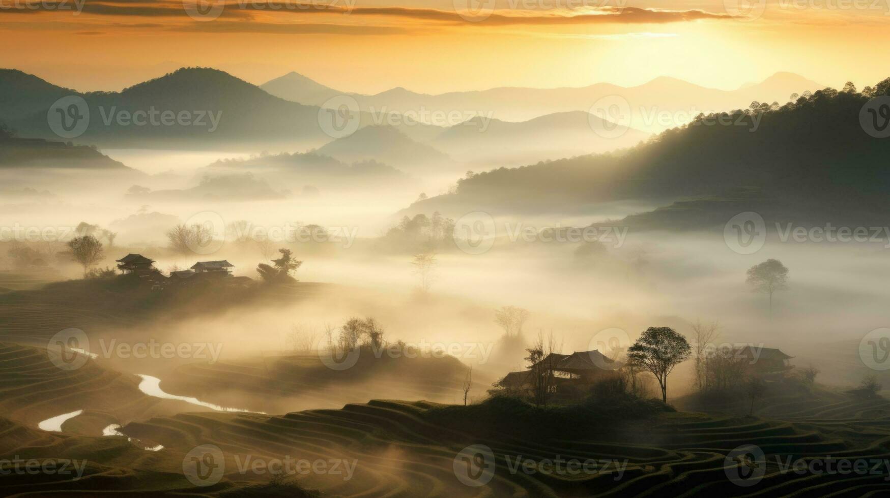 ai généré chinois village brumeux Matin Contexte fond d'écran photo