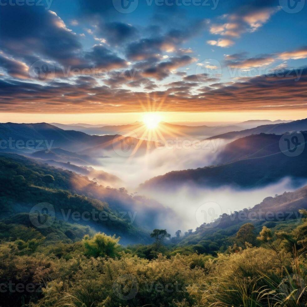 ai généré lever du soleil dans le brumeux Matin HD Contexte fond d'écran photo