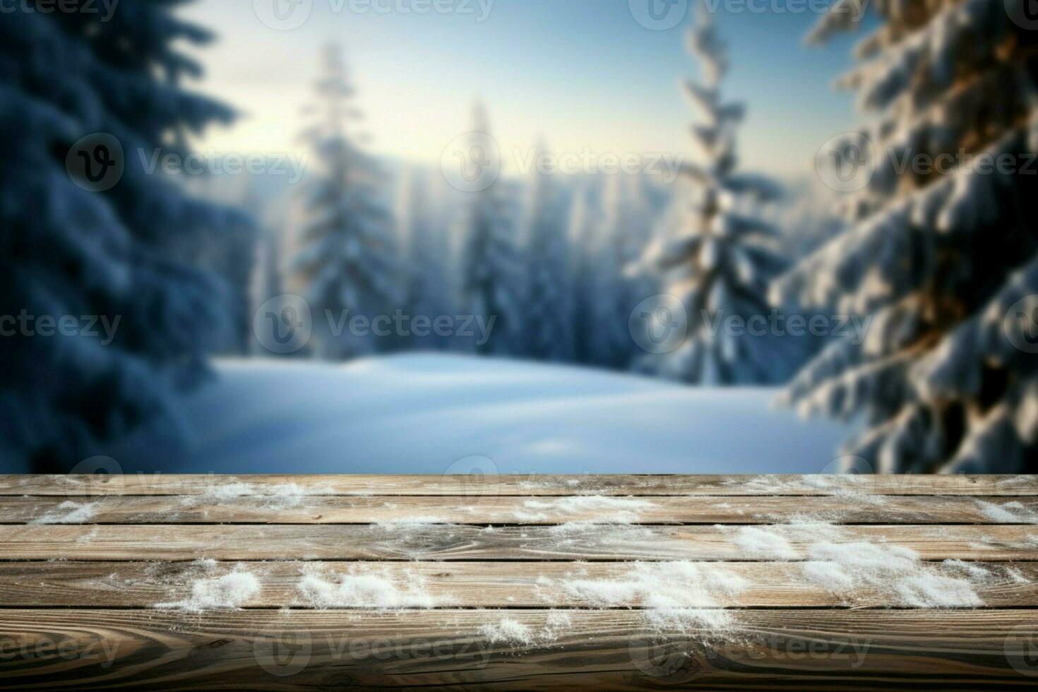 ai généré vide hiver bois planche planche table avec chute de neige ai généré photo