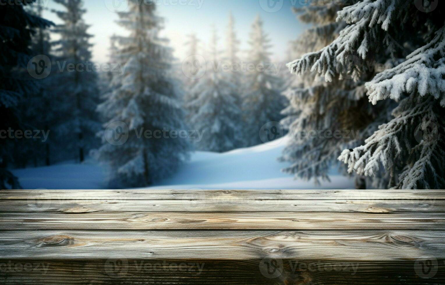 ai généré vide hiver bois planche planche table avec chute de neige ai généré photo