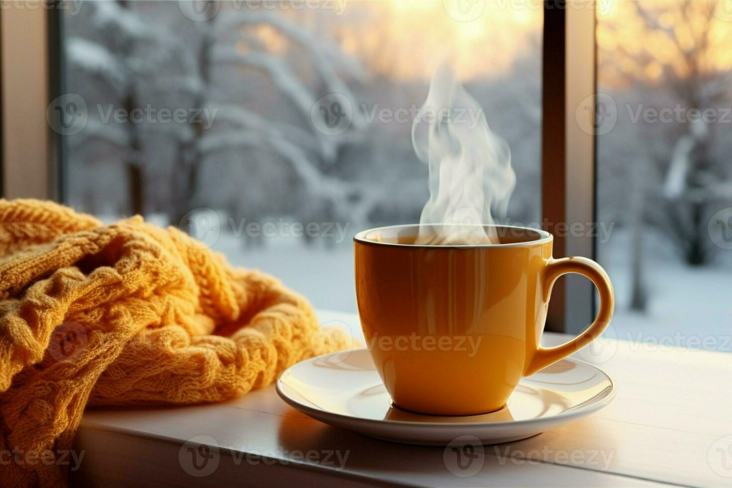 ai généré tasse de thé ou café agresser sur table près fenêtre hiver vacances ai généré photo
