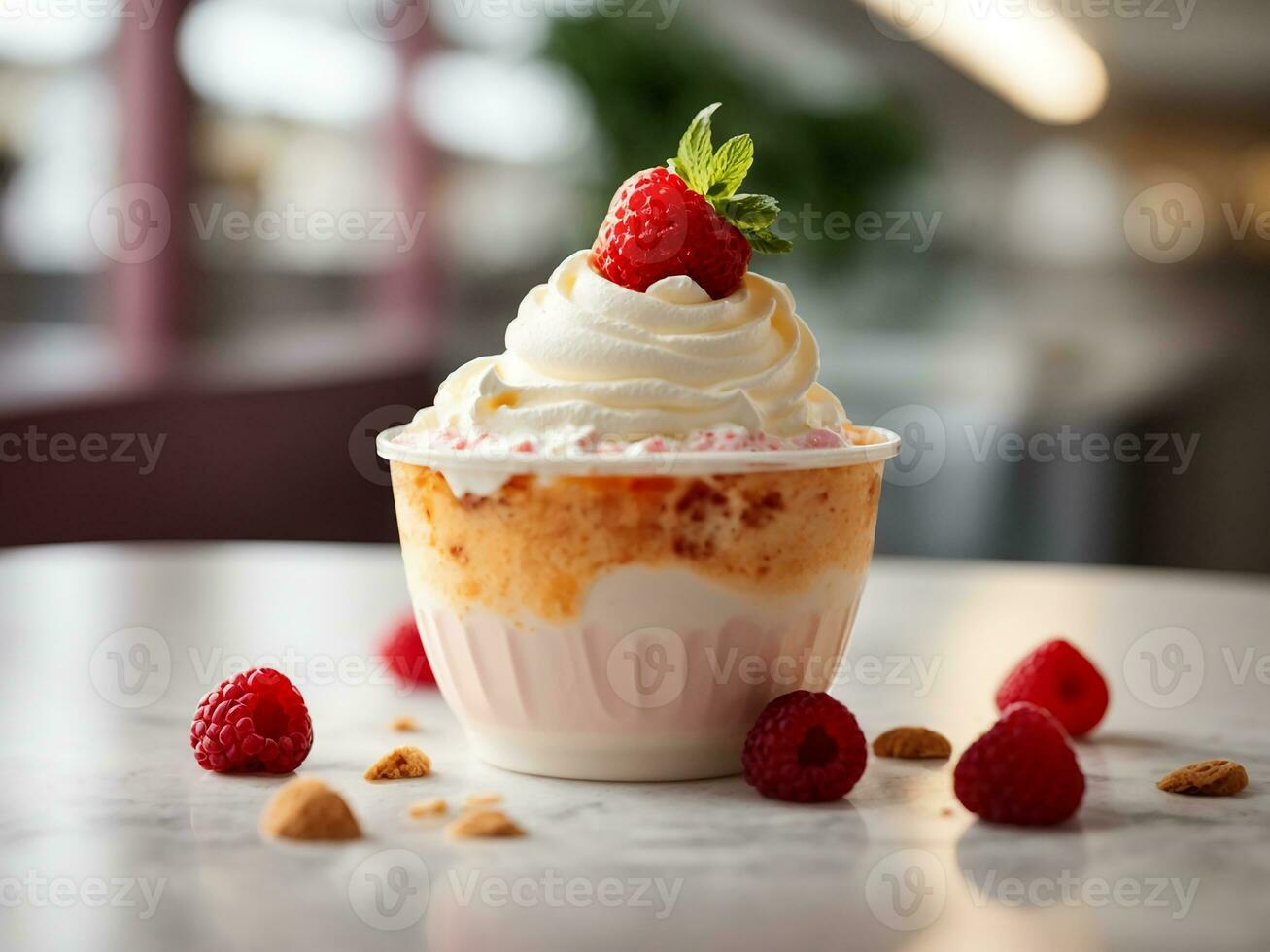 ai généré crémeux vanille congelé yaourt surmonté avec Frais tropical fruit servi dans une Plastique photo