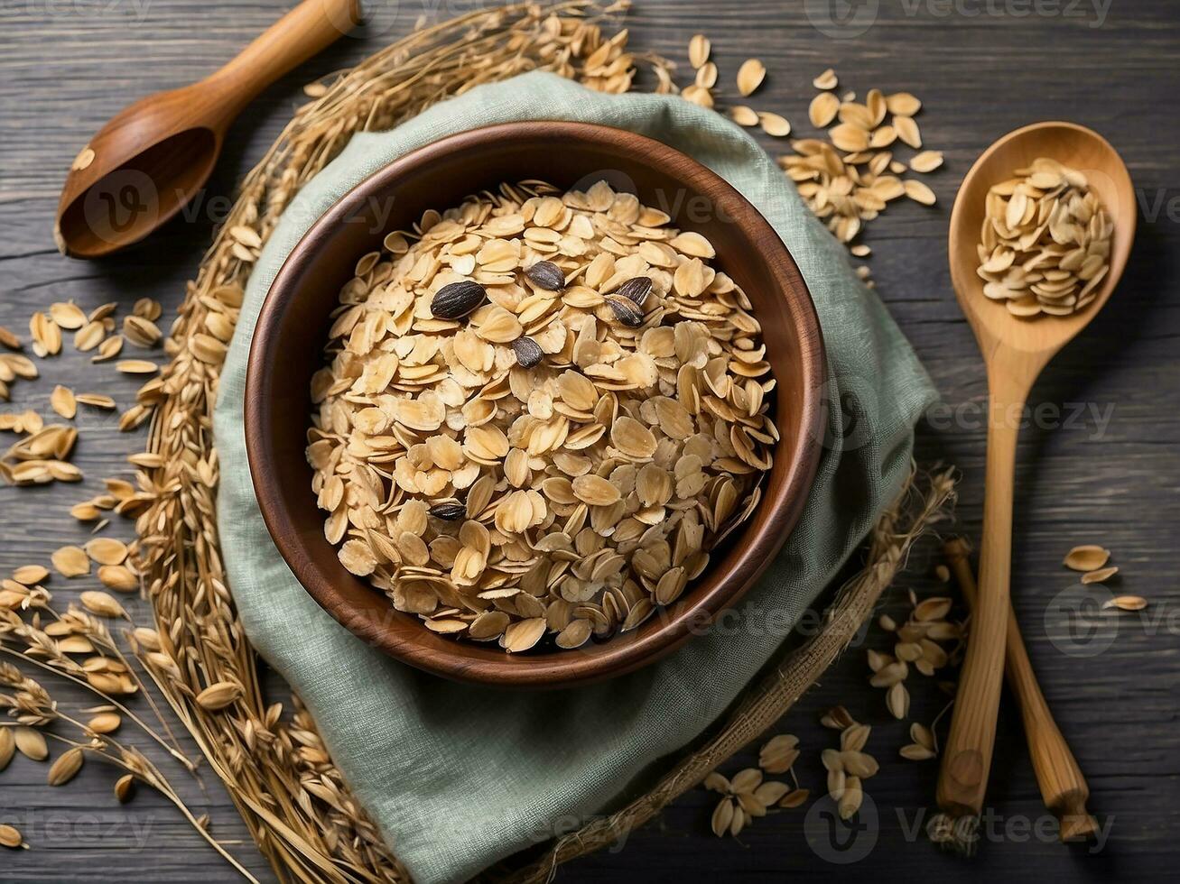 ai généré flocons d'avoine bol. avoine bouillie avec banane, myrtille, noyer, chia des graines et amande Lait pour en bonne santé petit déjeuner ou déjeuner. photo