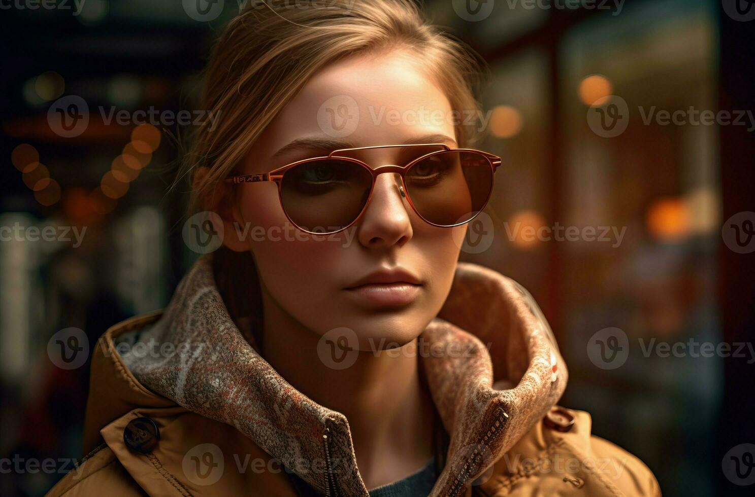 ai généré femme des lunettes de soleil manteau ensoleillé journée. produire ai photo