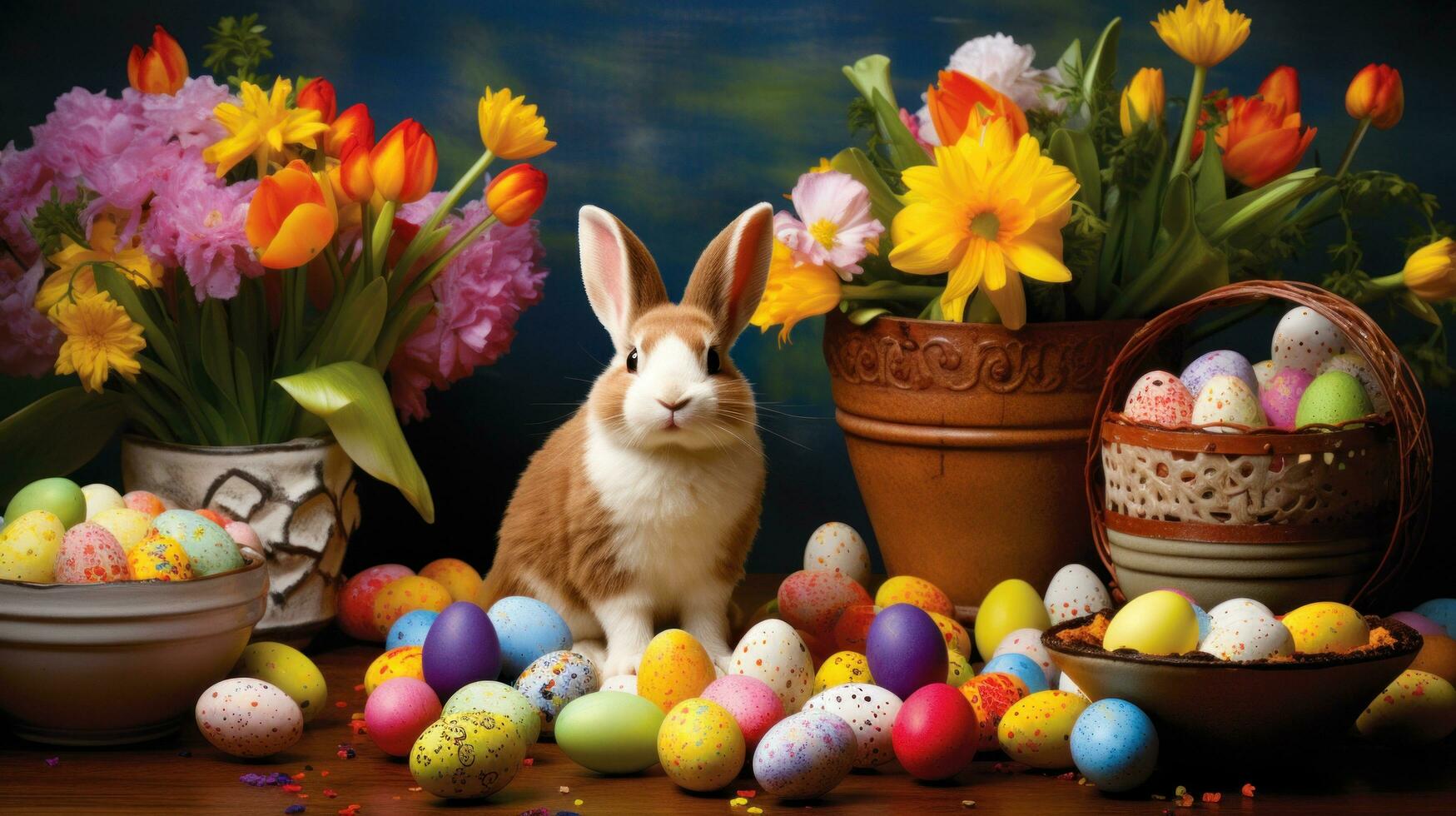 ai généré une mignonne lapin entouré par coloré des œufs et séance dans une herbeux champ photo