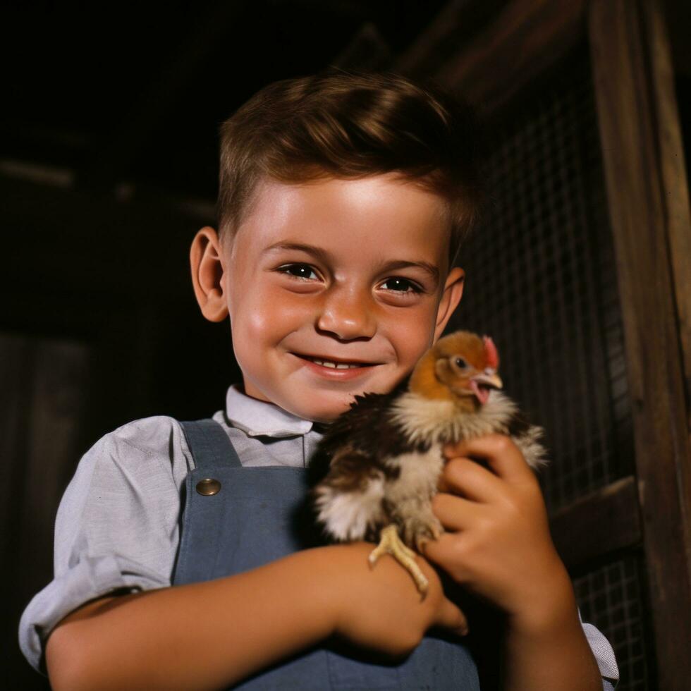 ai généré une Jeune garçon sourires largement comme il détient une minuscule et curieuse bébé poussin dans le sien mains. photo