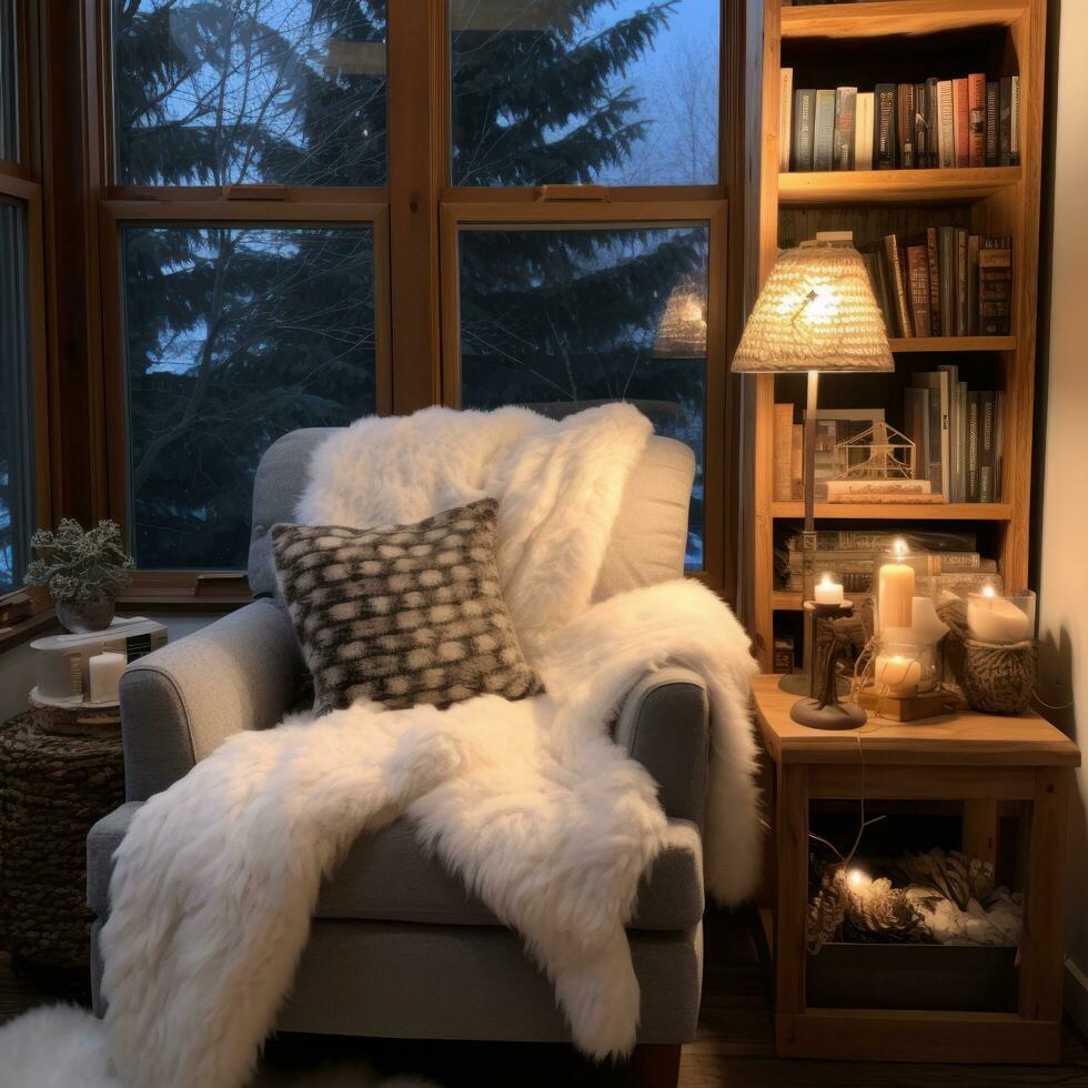 ai généré une en train de lire coin avec une confortable fauteuil et une étagère à livres rempli avec sur le thème de l'hiver lit, photo