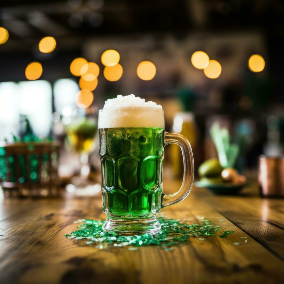 ai généré une de fête st. patrick's journée image avec une vert Bière agresser et une trèfle sur une en bois table photo