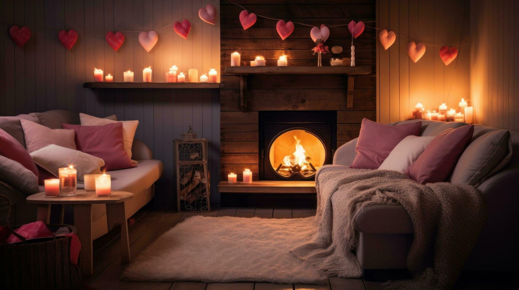 ai généré une confortable vivant pièce avec une cheminée, décoré avec en forme de coeur guirlandes et bougies, photo