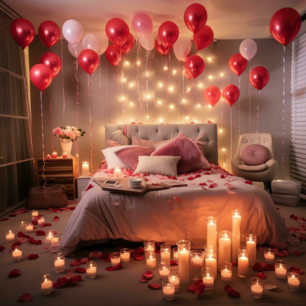 ai généré une chambre décoré avec Rose pétales, en forme de coeur des ballons, et bougies crée une rêveur atmosphère pour des couples célébrer la Saint-Valentin journée. photo