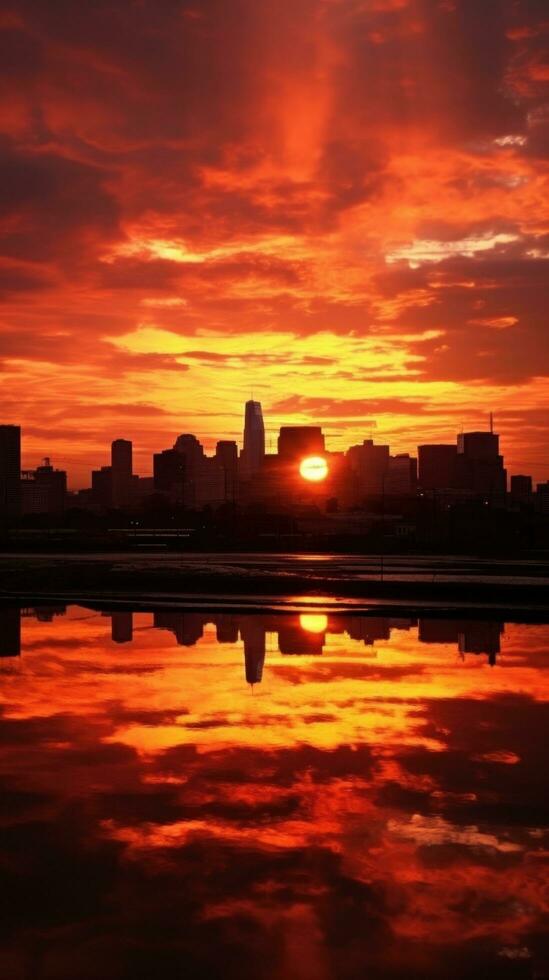 ai généré une Stupéfiant photo de une ville horizon à coucher de soleil, avec chaud printemps couleurs La peinture le ciel