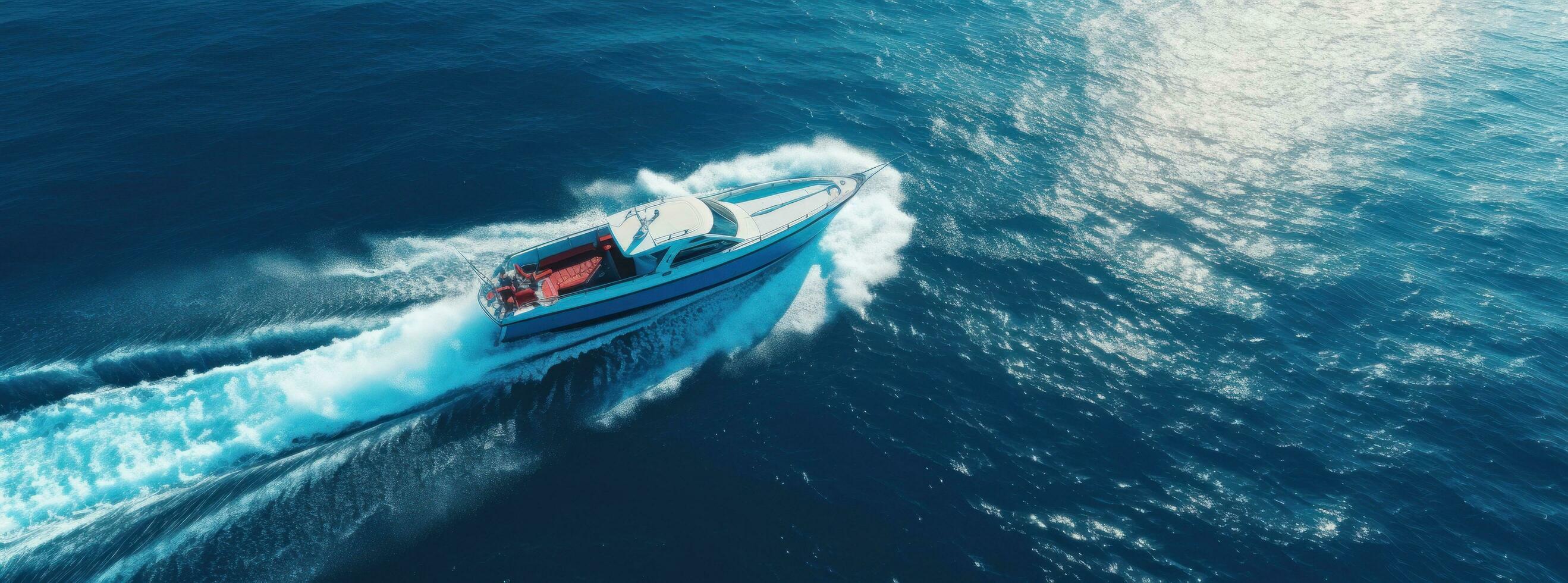 ai généré aérien métrage de bateau excès de vitesse à travers le océan bateau photo