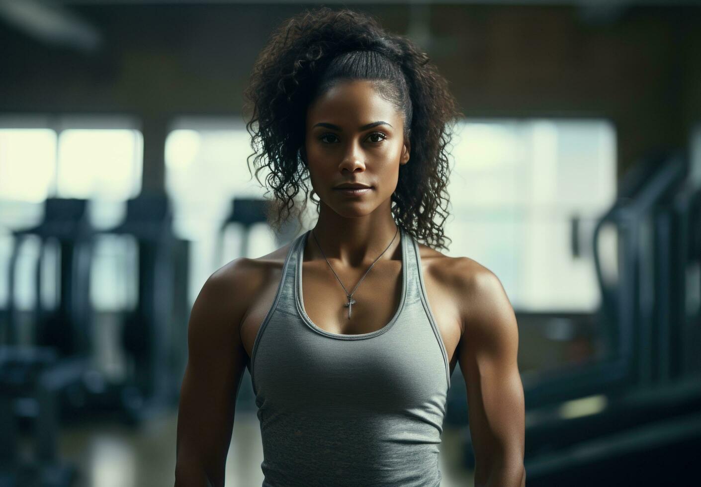 ai généré une noir femme permanent dans une Gym portant une réservoir haut, photo