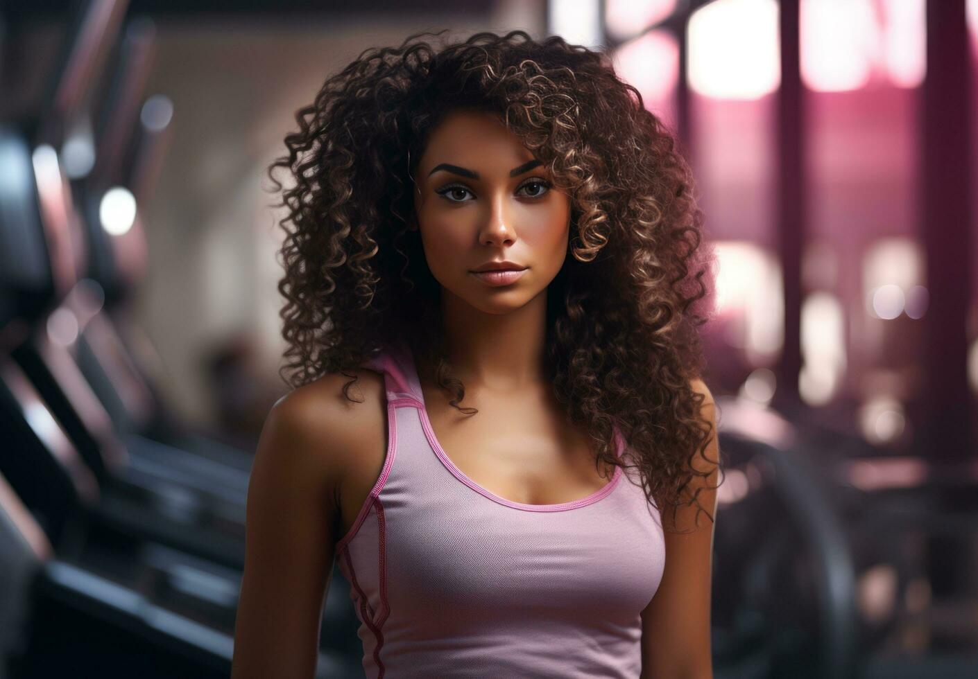 ai généré une noir femme avec boucles permanent dans une salle de sport, photo