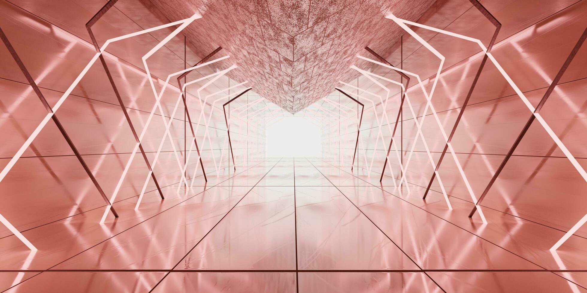 La technologie tunnel rayon sur vaisseau spatial futuriste espace et sci Fi couloir pièce vitrine éclairage faisceau tunnel moderne futur salle d'exposition sol et mur La technologie 3d Contexte photo