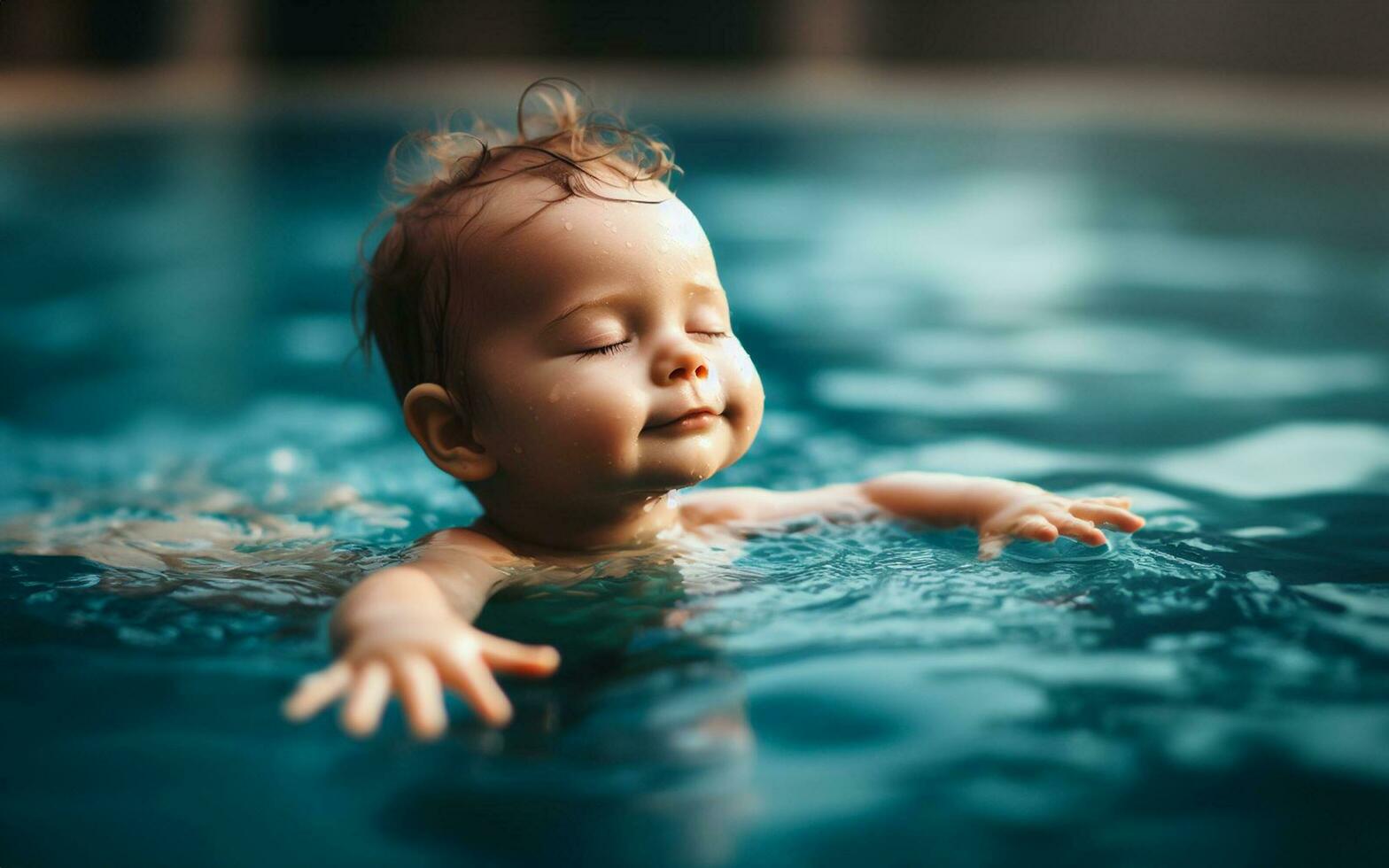 ai généré Jeune enfant plongée dans le bassin nager concept de donnant naissance dans l'eau photo