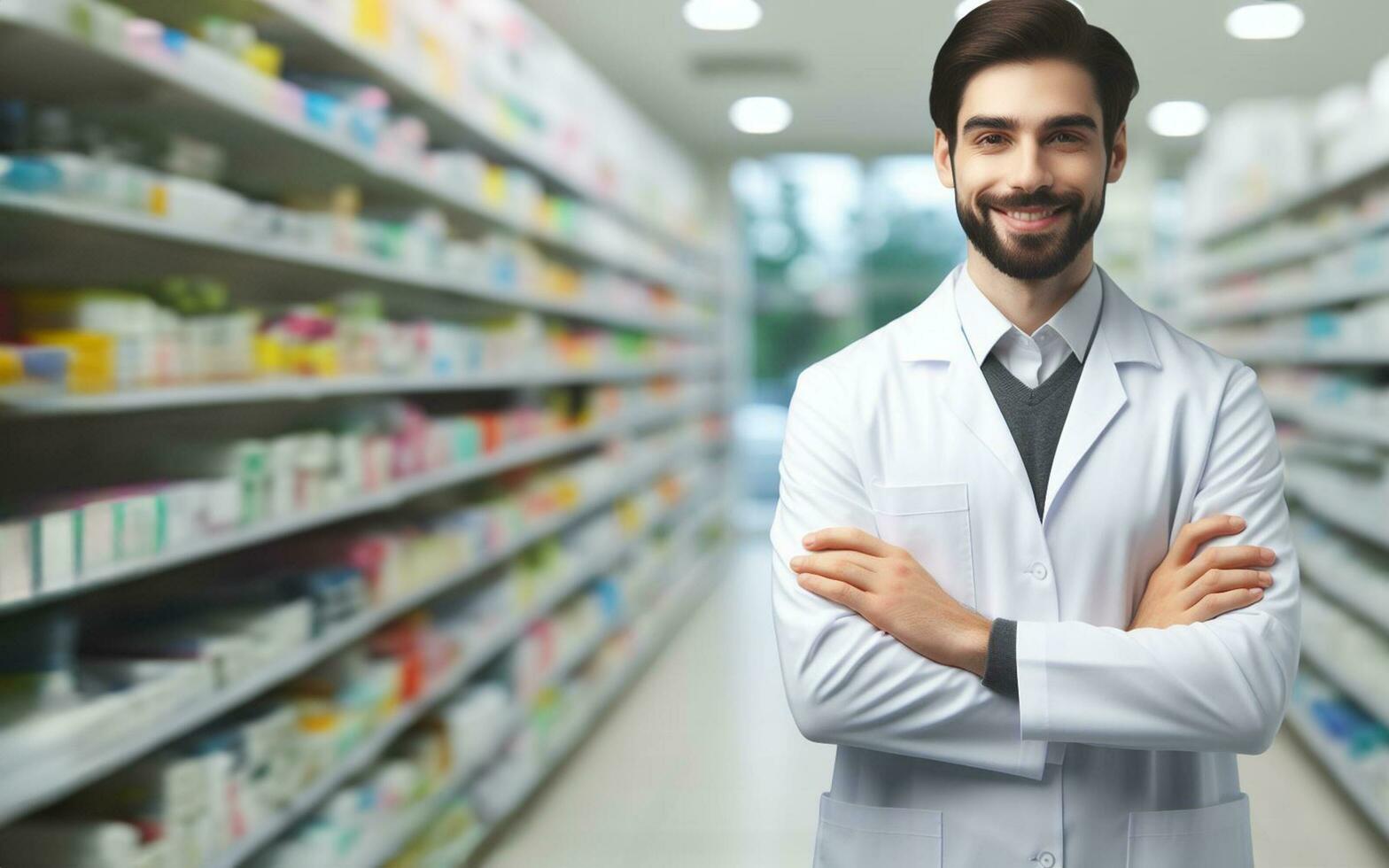 ai généré une pharmacien des stands avec le sien bras franchi dans une drogue magasin. le Contexte de le pharmacie étagère est flou. photo