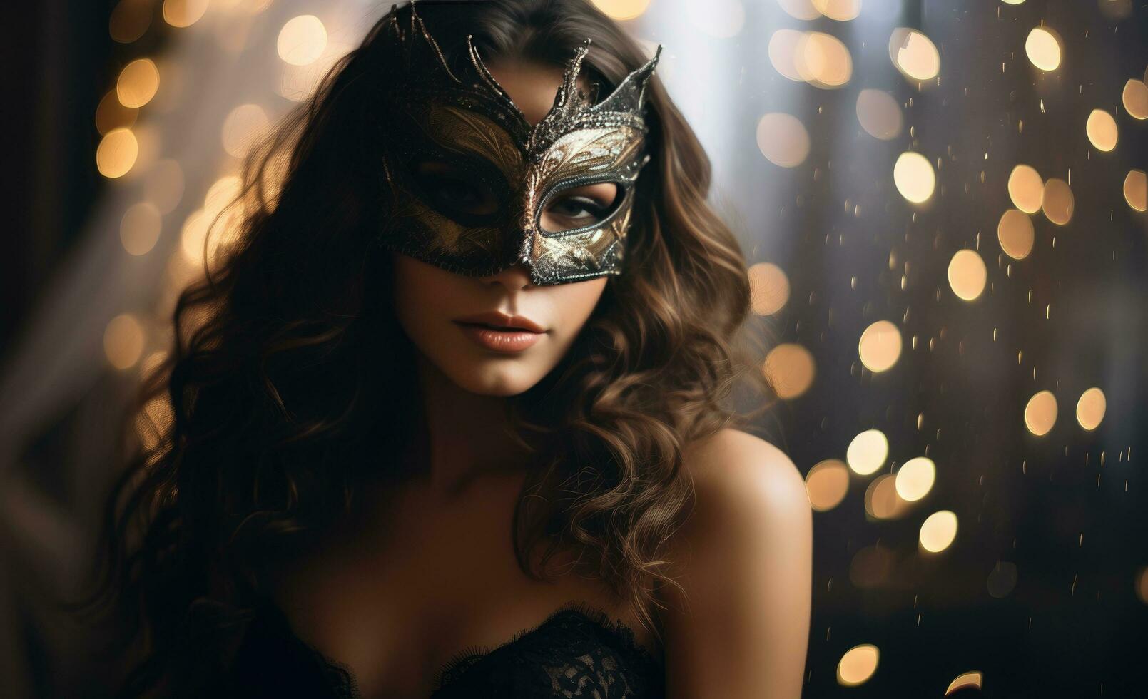 ai généré une Jeune femme dans une mascarade masque posé contre lumière photo