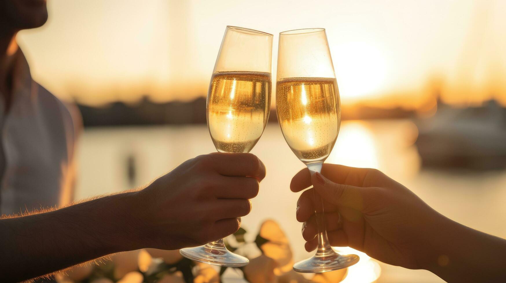 ai généré une photo de une couple grillage avec Champagne, symbolisant un engagement ou mariage