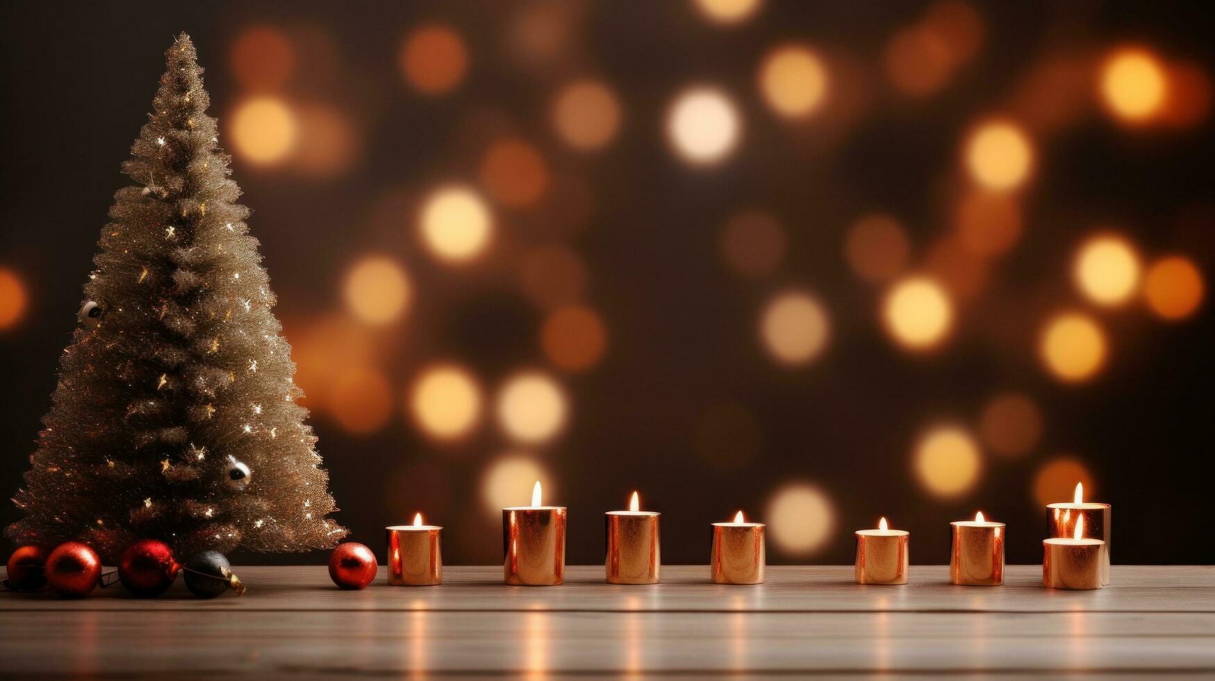 ai généré en bois table avec bougies et Noël arbre dans une hiver cheminée photo