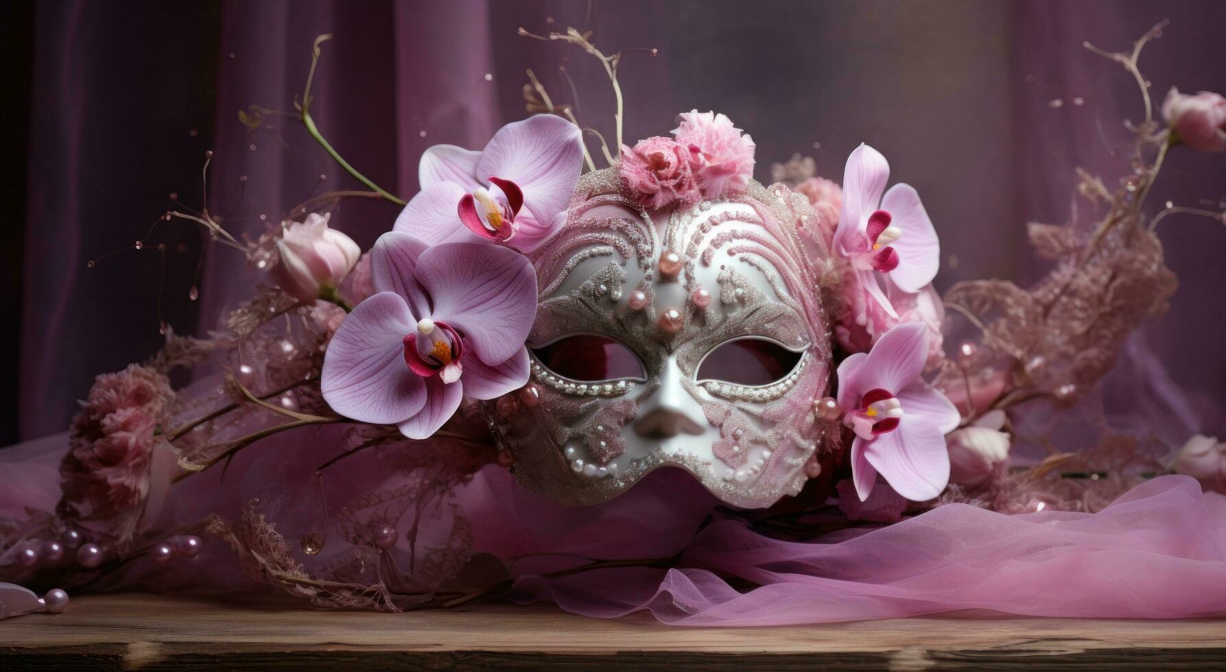 ai généré orchidée masque dans fleur vase sur rose arrière-plan, perles, et perles photo