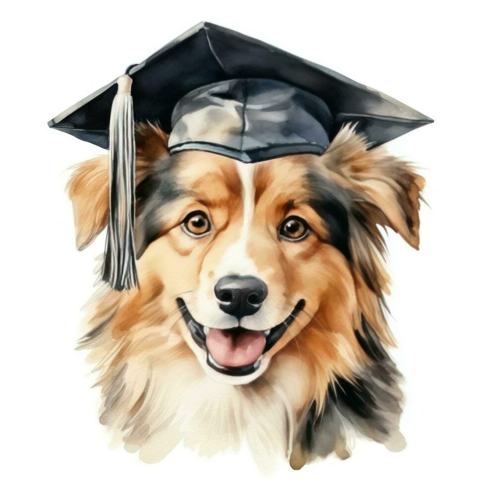 ai généré mignonne aquarelle chien dans l'obtention du diplôme casquette isolé photo