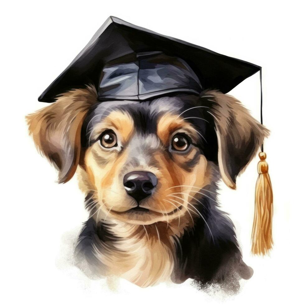 ai généré mignonne aquarelle chien dans l'obtention du diplôme casquette isolé photo