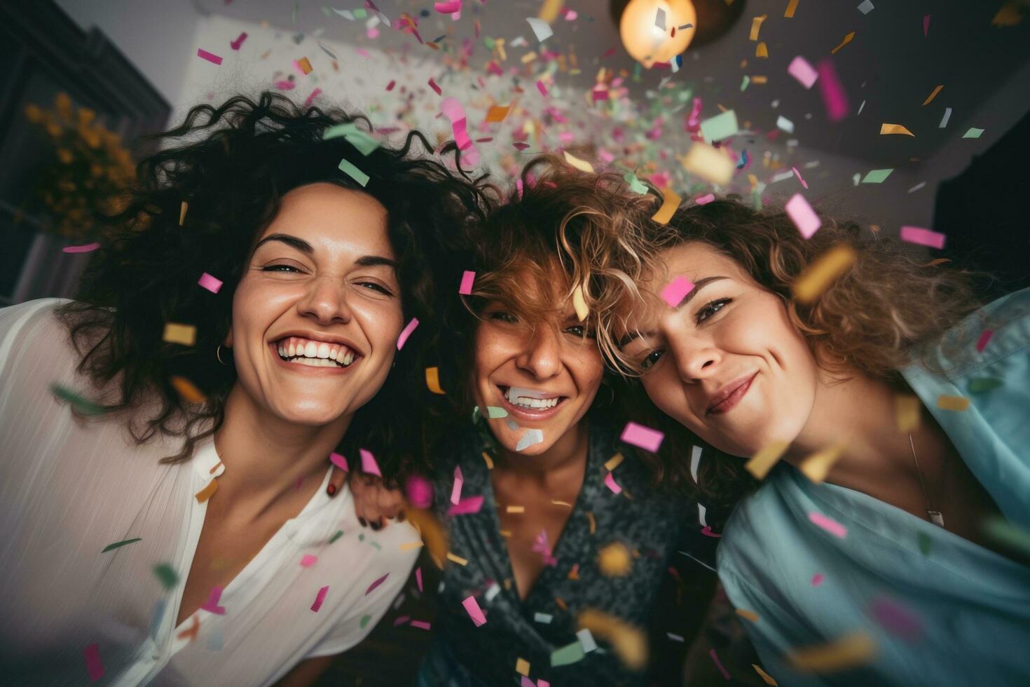 ai généré aux femmes copains fête à Accueil avec confettis. photo